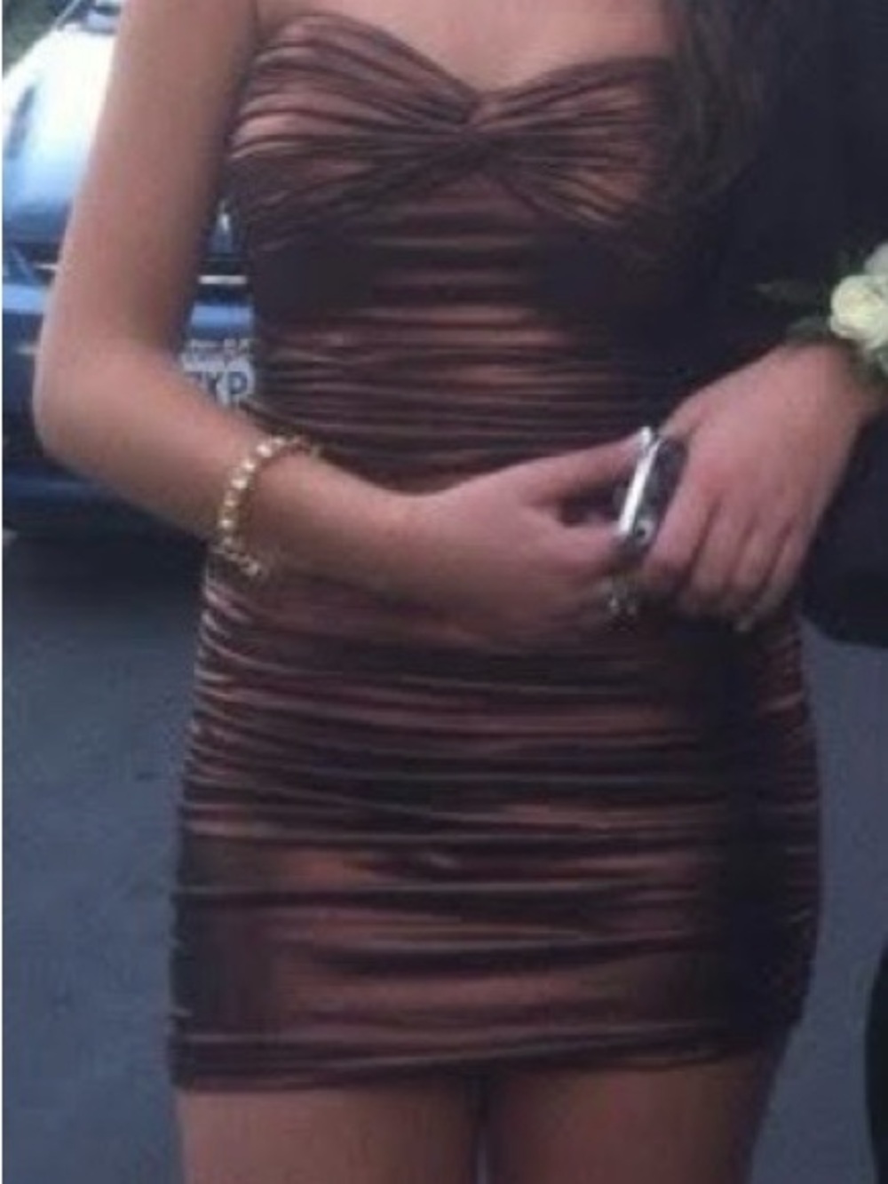bebe Metallic Bronze Strapless Ruched Bodycon Mini Dress